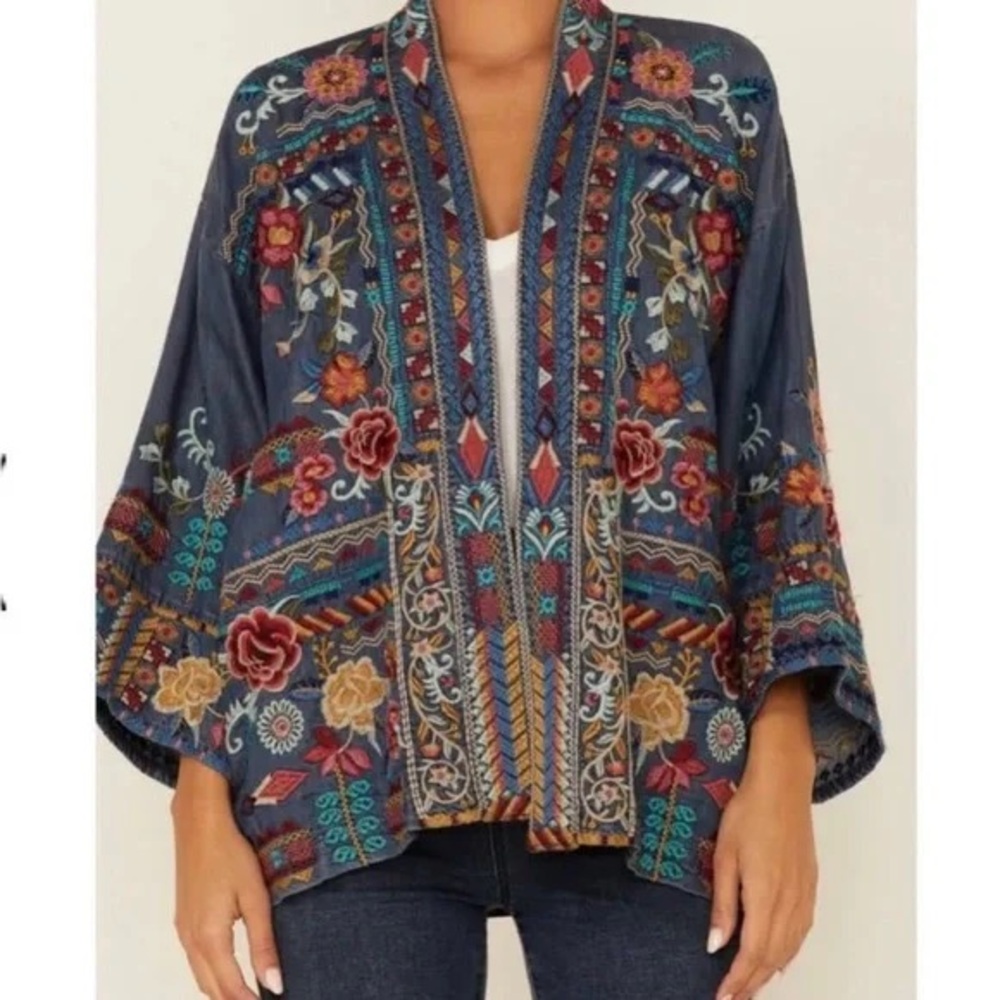 Johnny Was Multicolor Embroidered Jean Jacket